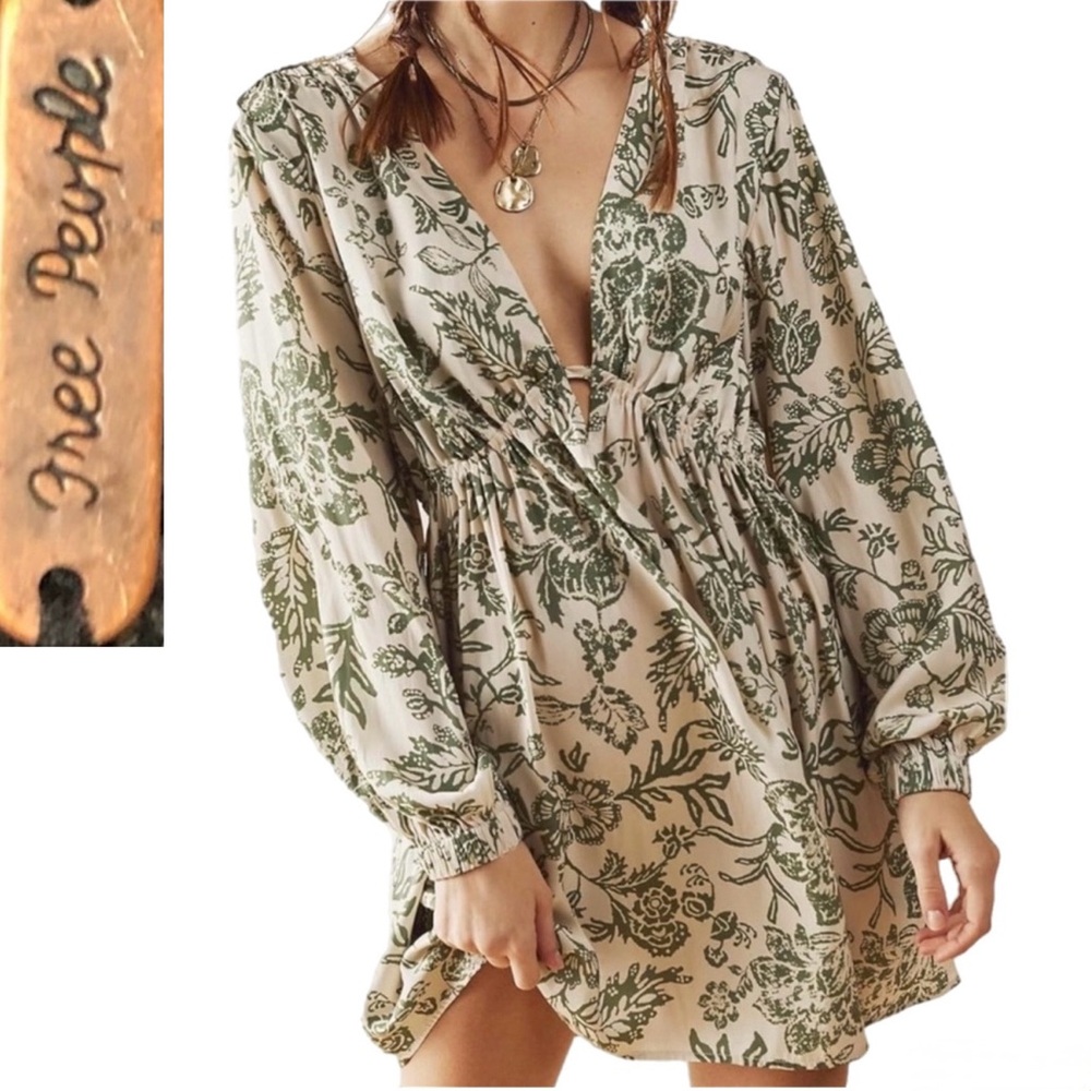 Free People Soli Mini Dress XS Fern Combo Deep V Long Sleeve Boho
